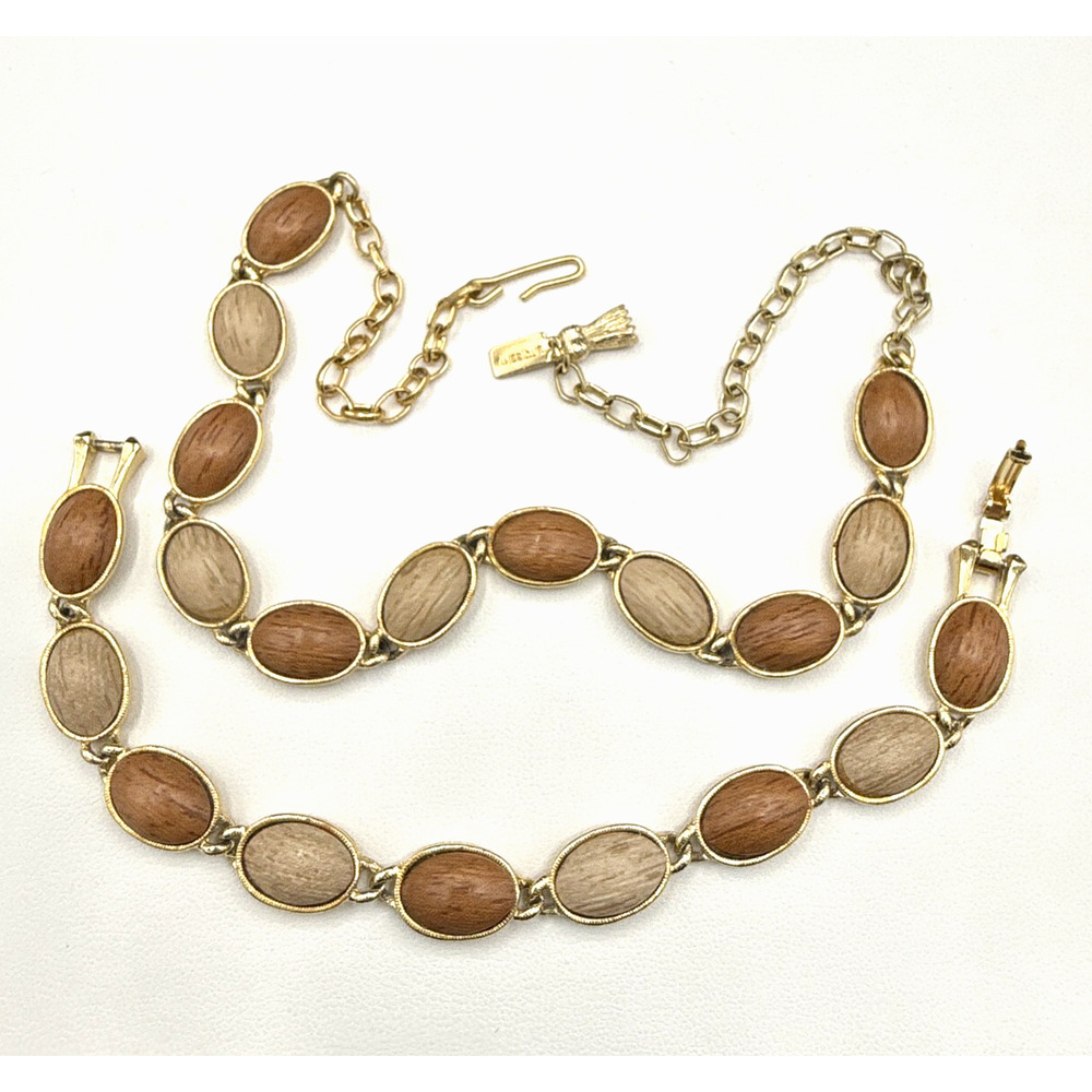 Amerique‎ Necklace Bracelet Set Wood Neutral Gold Tone 15" Chain 6.75" Wrist